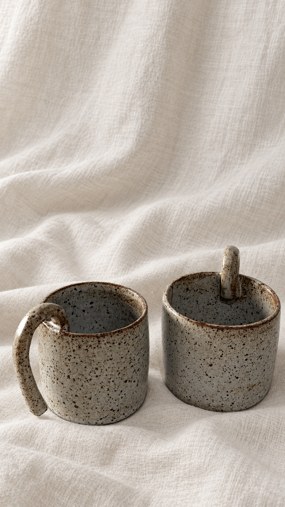 Aspen handmade ceramic mug with soft gray glaze, dark speckles, earthy brown rim and curved handle