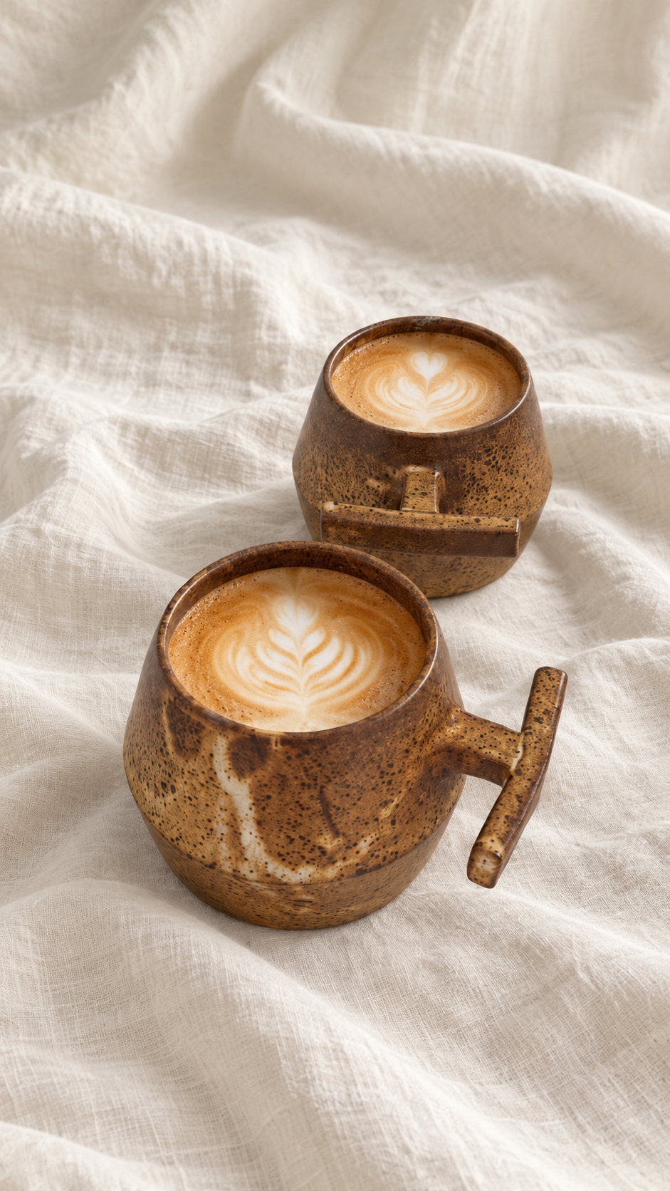 Death Valley handmade ceramic mugs with brown and ochre glaze, dark speckles and sculptural handles on offwhite linen