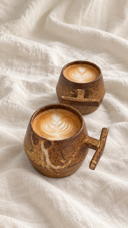 Death Valley handmade ceramic mugs with brown and ochre glaze, dark speckles and sculptural handles on offwhite linen
