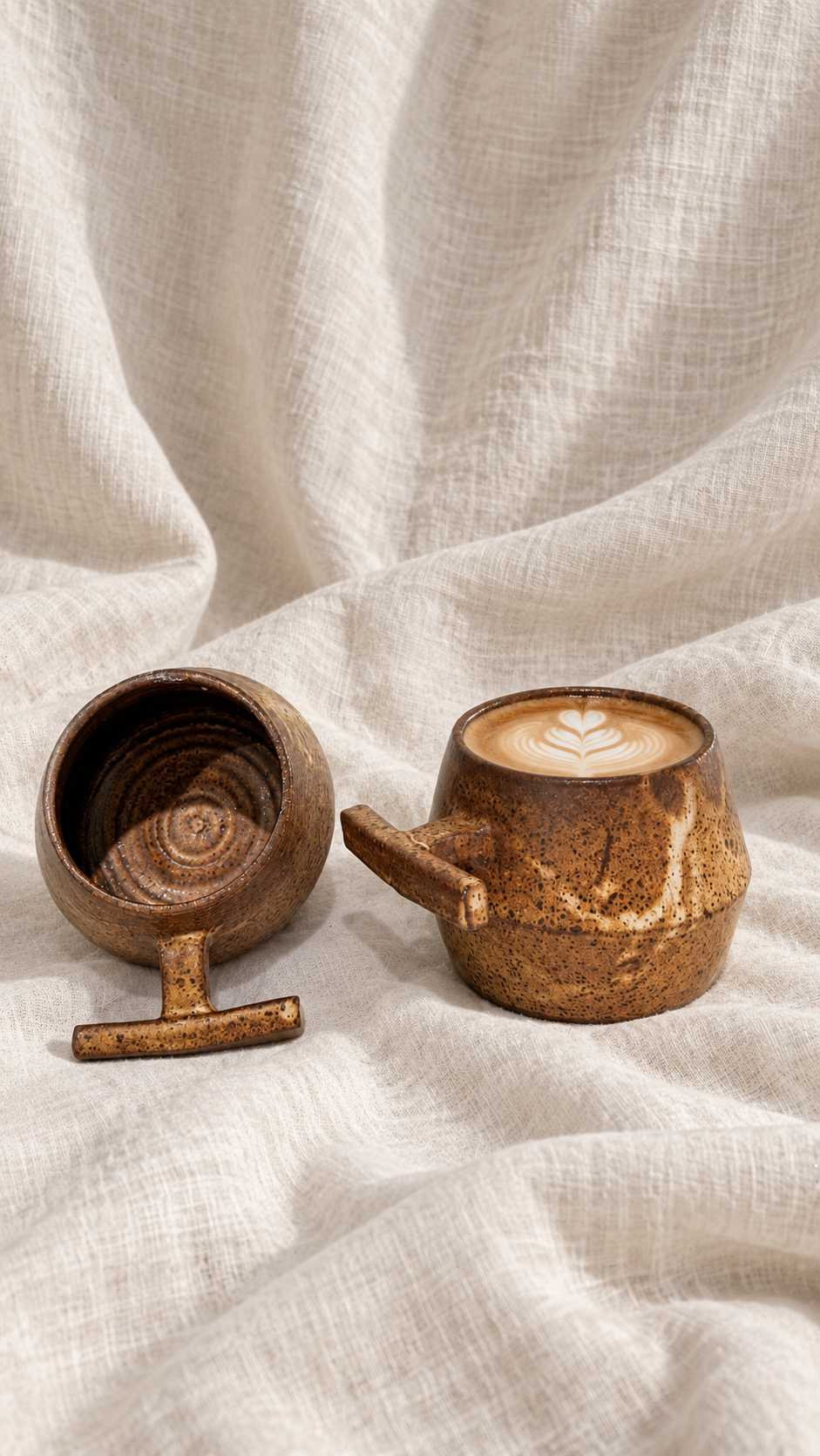 Death Valley handmade ceramic mugs with brown and ochre glaze, dark speckles and sculptural handles on offwhite linen