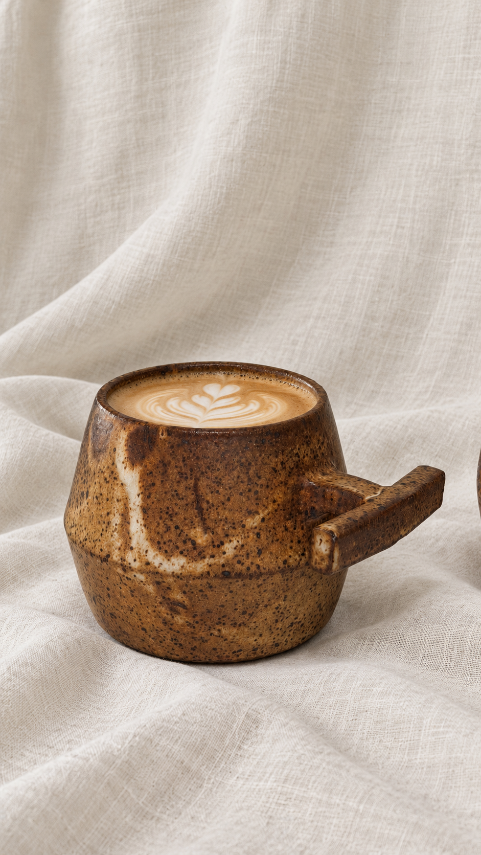 Death Valley handmade ceramic mugs with brown and ochre glaze, dark speckles and sculptural handles on offwhite linen