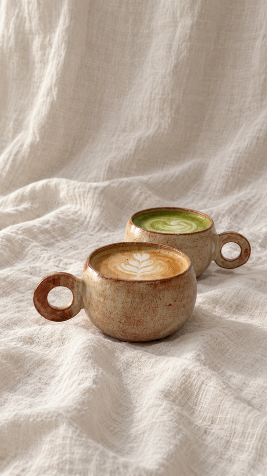 Tozeur handmade ceramic mugs with sandy speckled glaze, reddish brown rims and round handles
